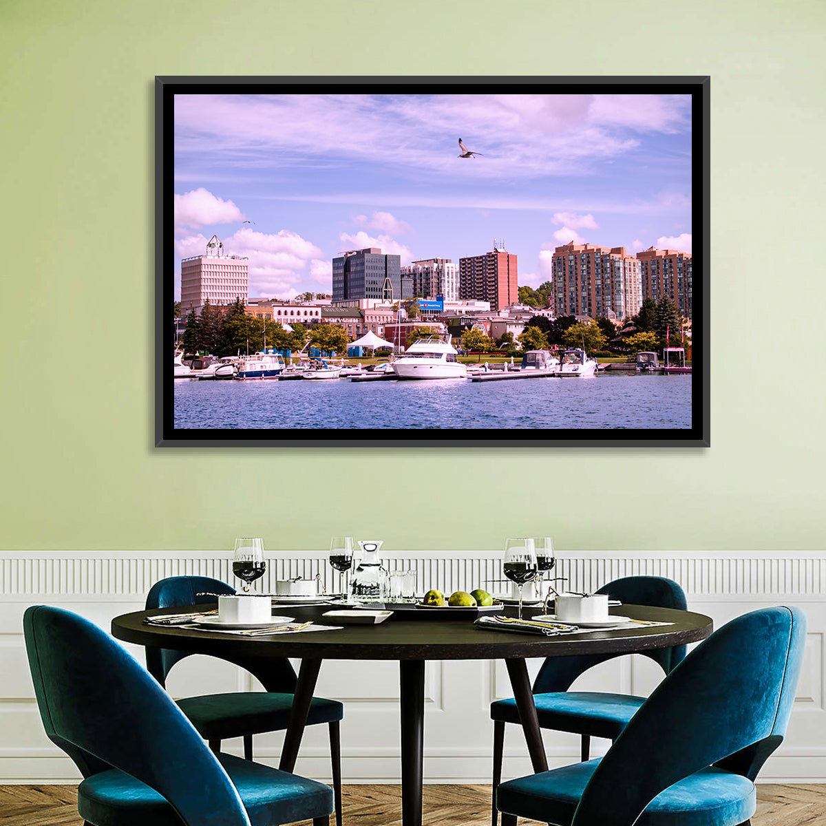 Barrie Lakefront Skyline Wall Art in a room, landscape