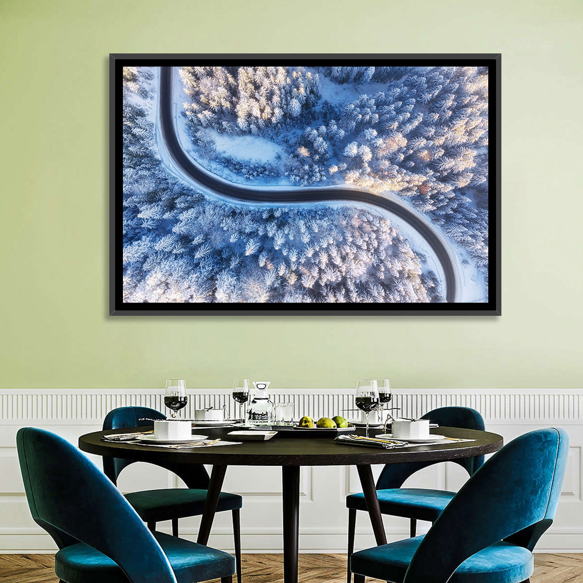 Snowy Forest Road at Golden Hour Wall Art in a room, landscape