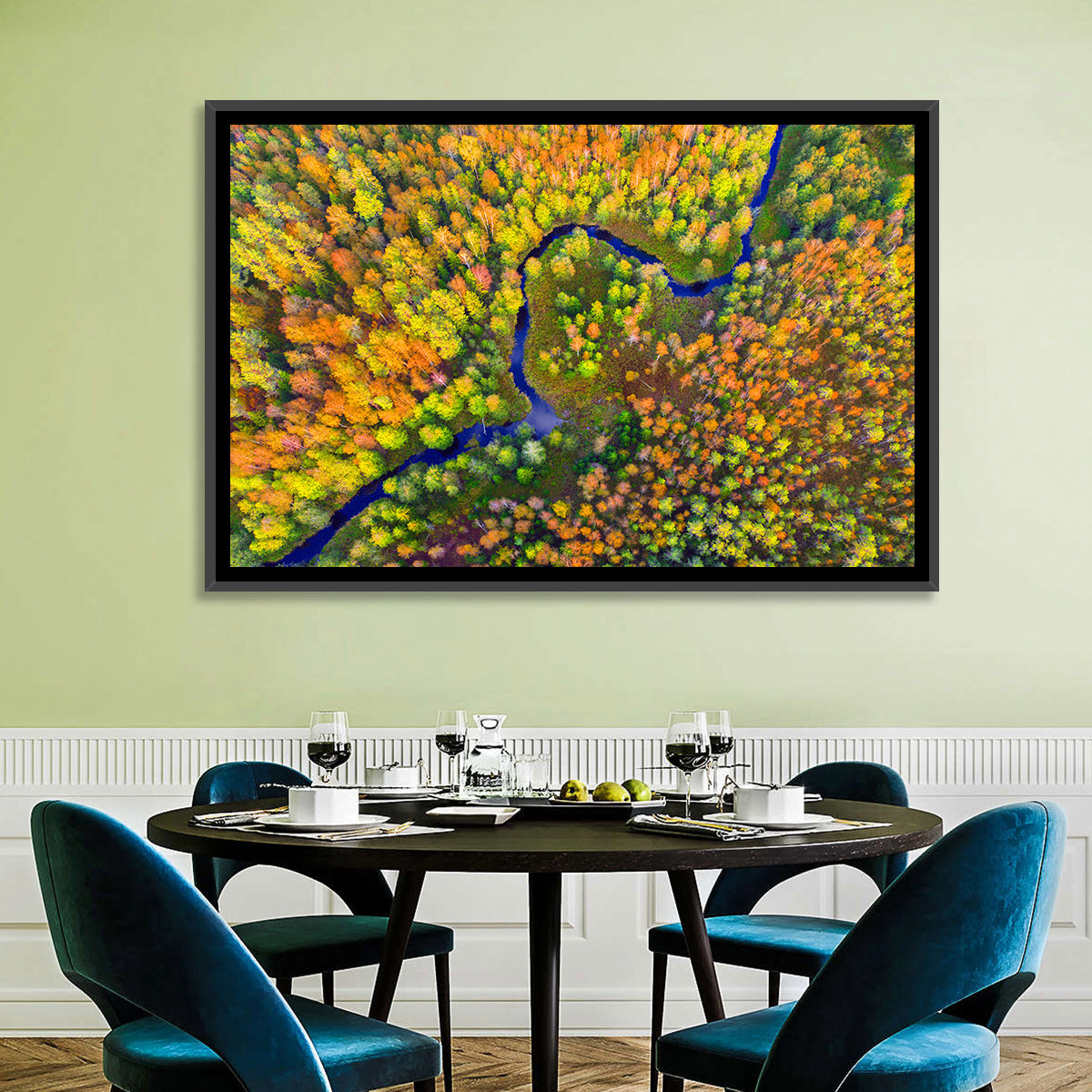 Winding Autumn River Wall Art in a room, landscape