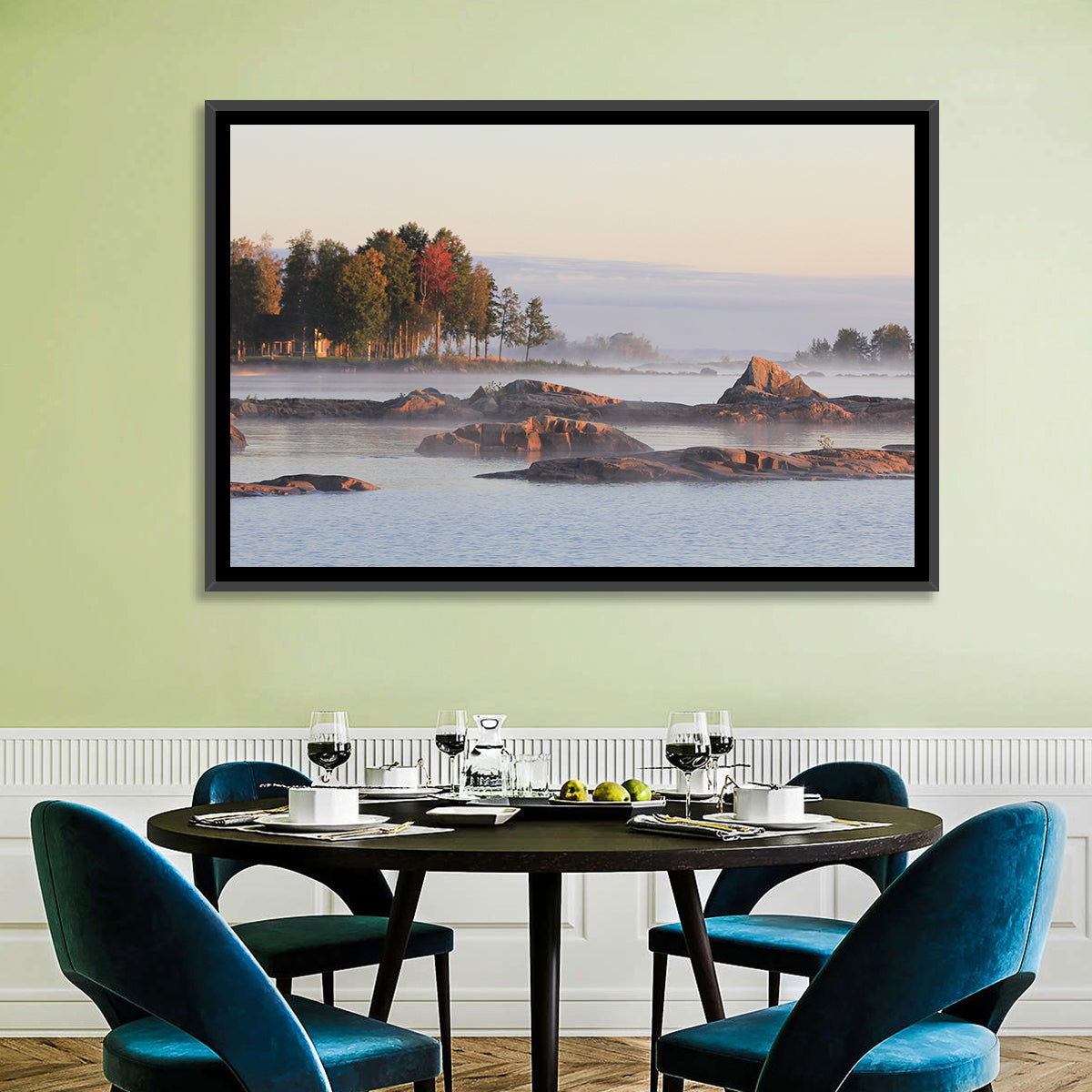 Lake Vanern Misty Shoreline Wall Art in a room, landscape