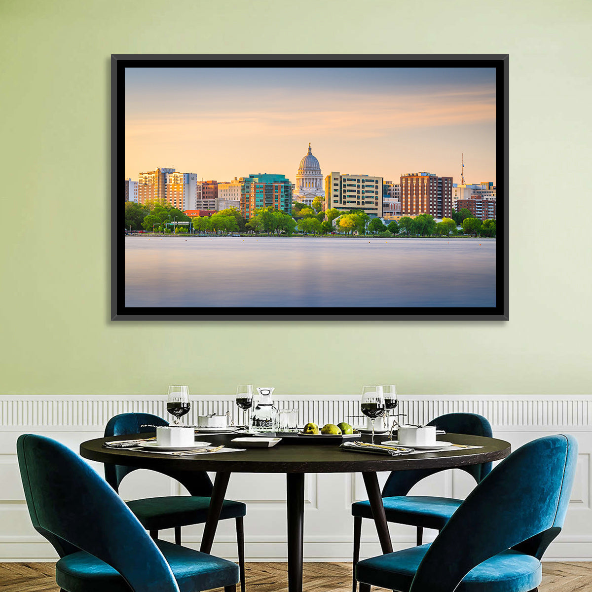 Madison Skyline at Lake Monona Wall Art in a room, landscape
