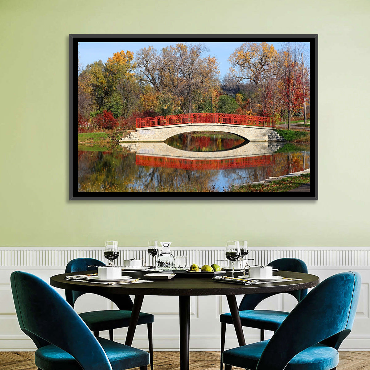 Tenney Park Stone Bridge Reflection Wall Art in a room, landscape