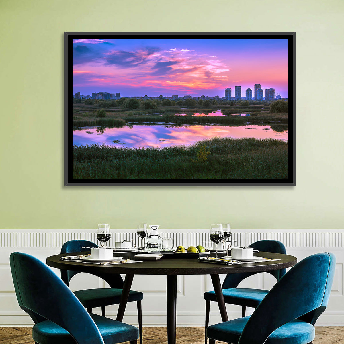 Vacaresti Park Sunset Reflection Wall Art in a room, landscape