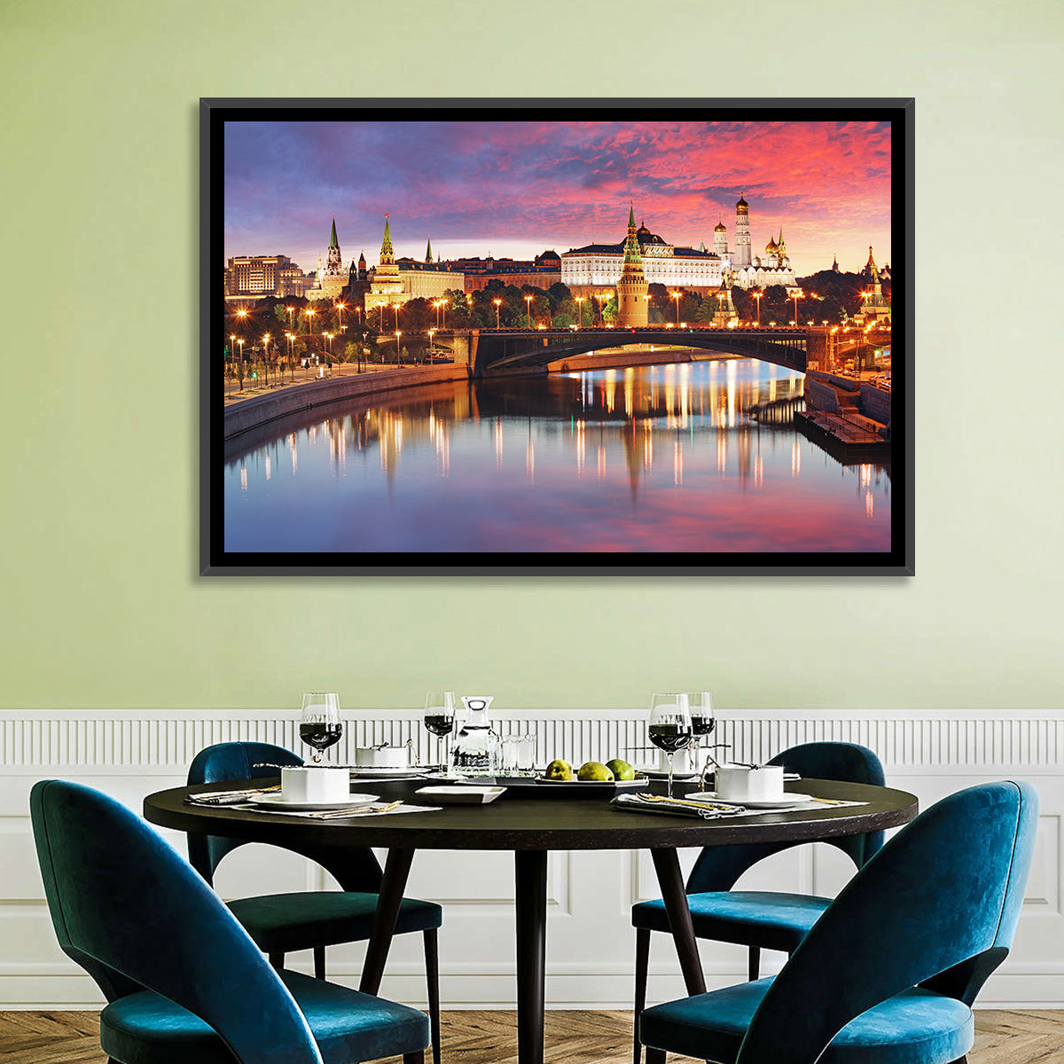 Moscow Kremlin Skyline at Twilight Wall Art in a room, landscape