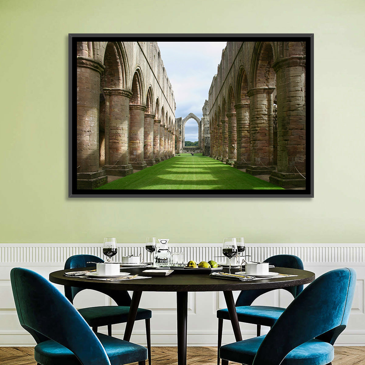 Fountains Abbey Ruins Grassy Nave View Wall Art in a room, landscape