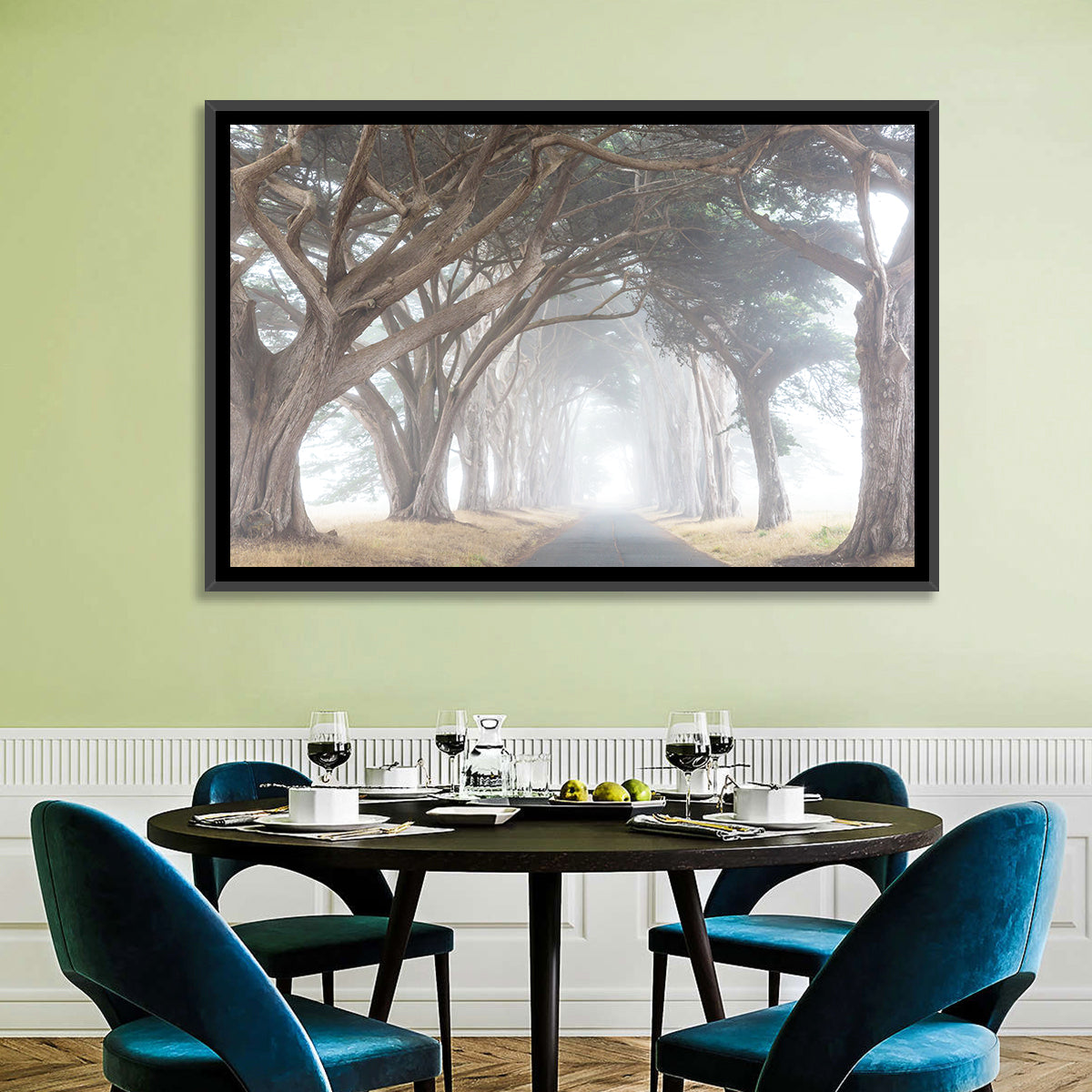 Misty Cypress Tunnel Wall Art in a room, landscape