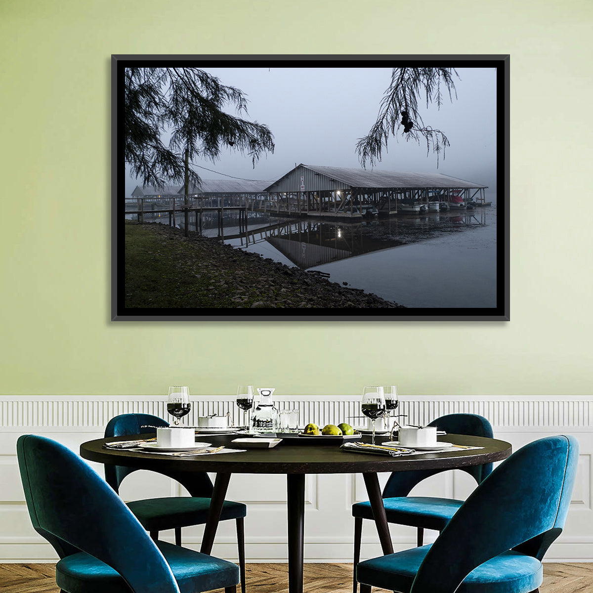 Ozark Beach Resort Boathouse Wall Art in a room, landscape