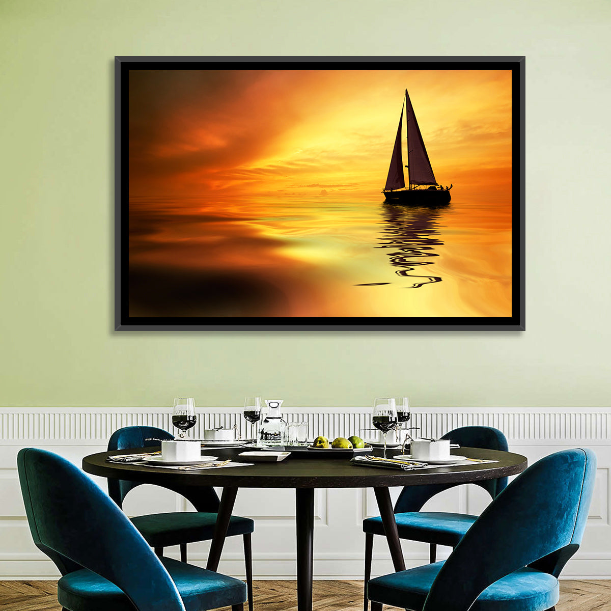 Golden Hour Sailboat Silhouette Wall Art in a room, landscape