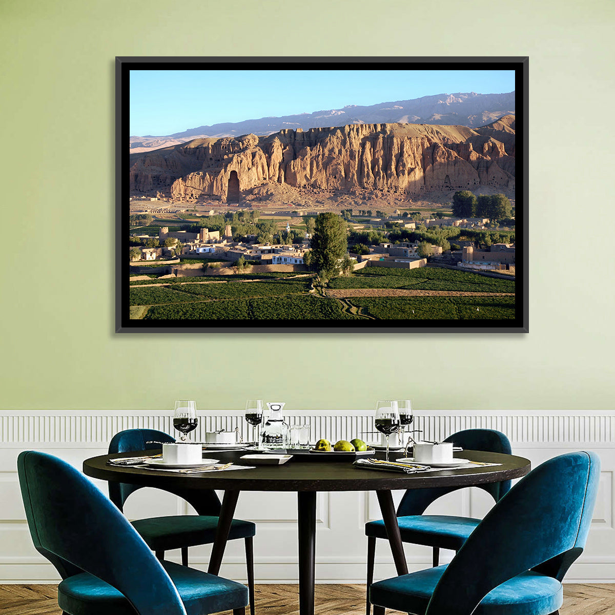 Bamiyan Valley Cliff Niche at Golden Hour Wall Art in a room, landscape