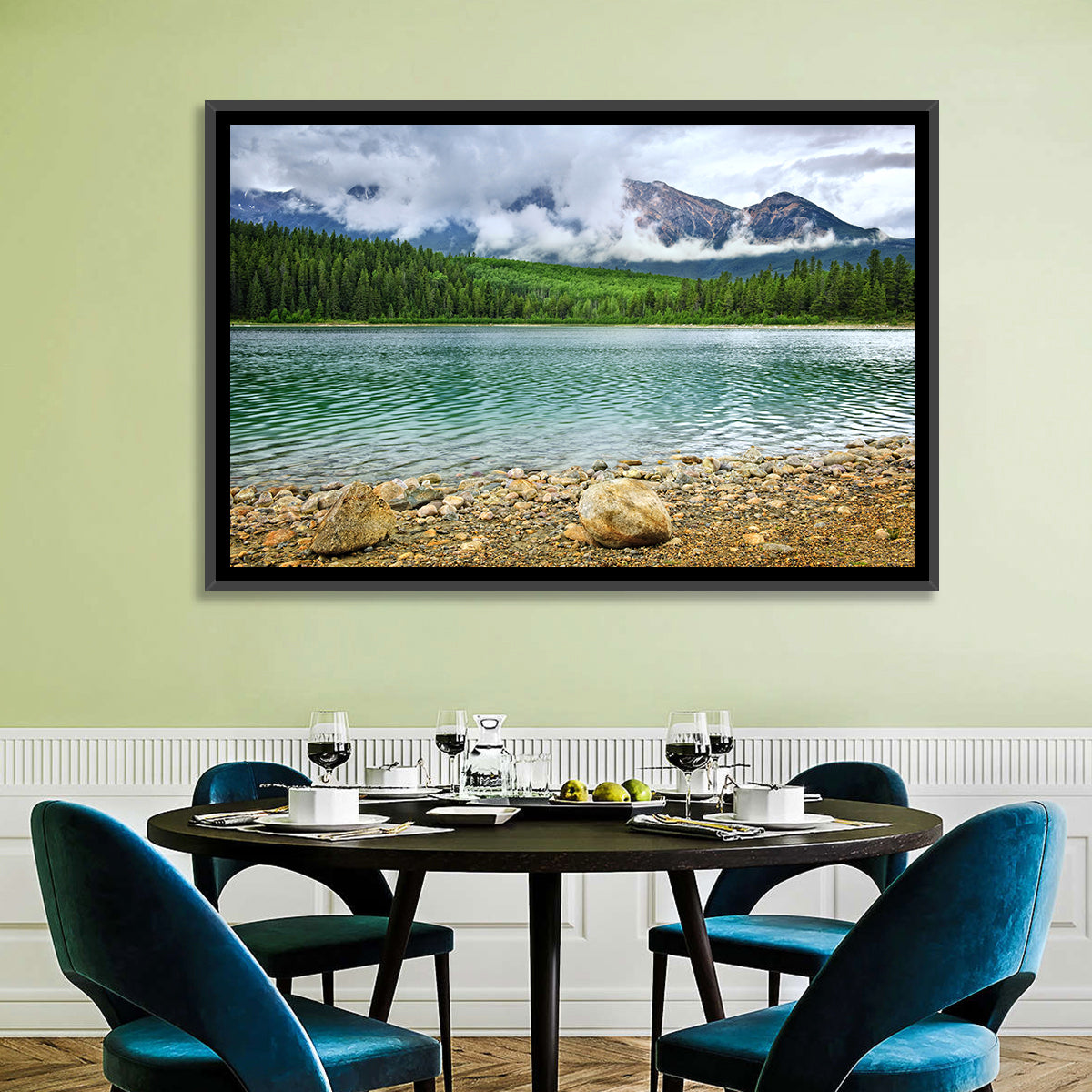 Patricia Lake Cloudy Peaks Wall Art in a room, landscape
