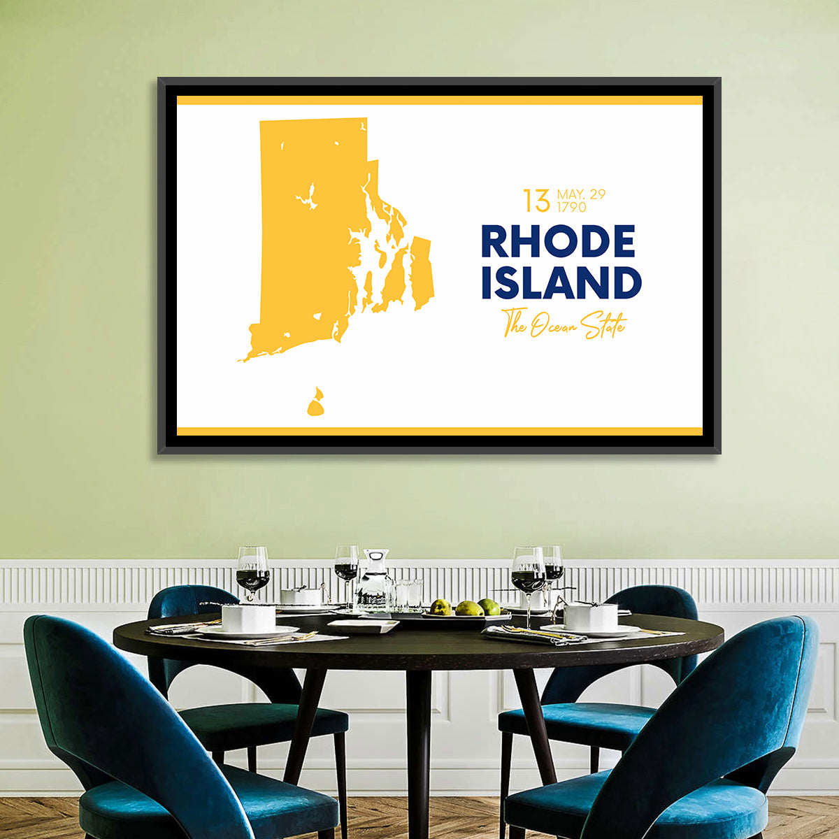Rhode Island Map Wall Art in a room, landscape