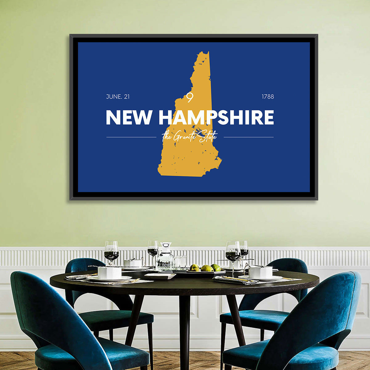 New Hampshire State Map, Blue and Gold Wall Art in a room, landscape
