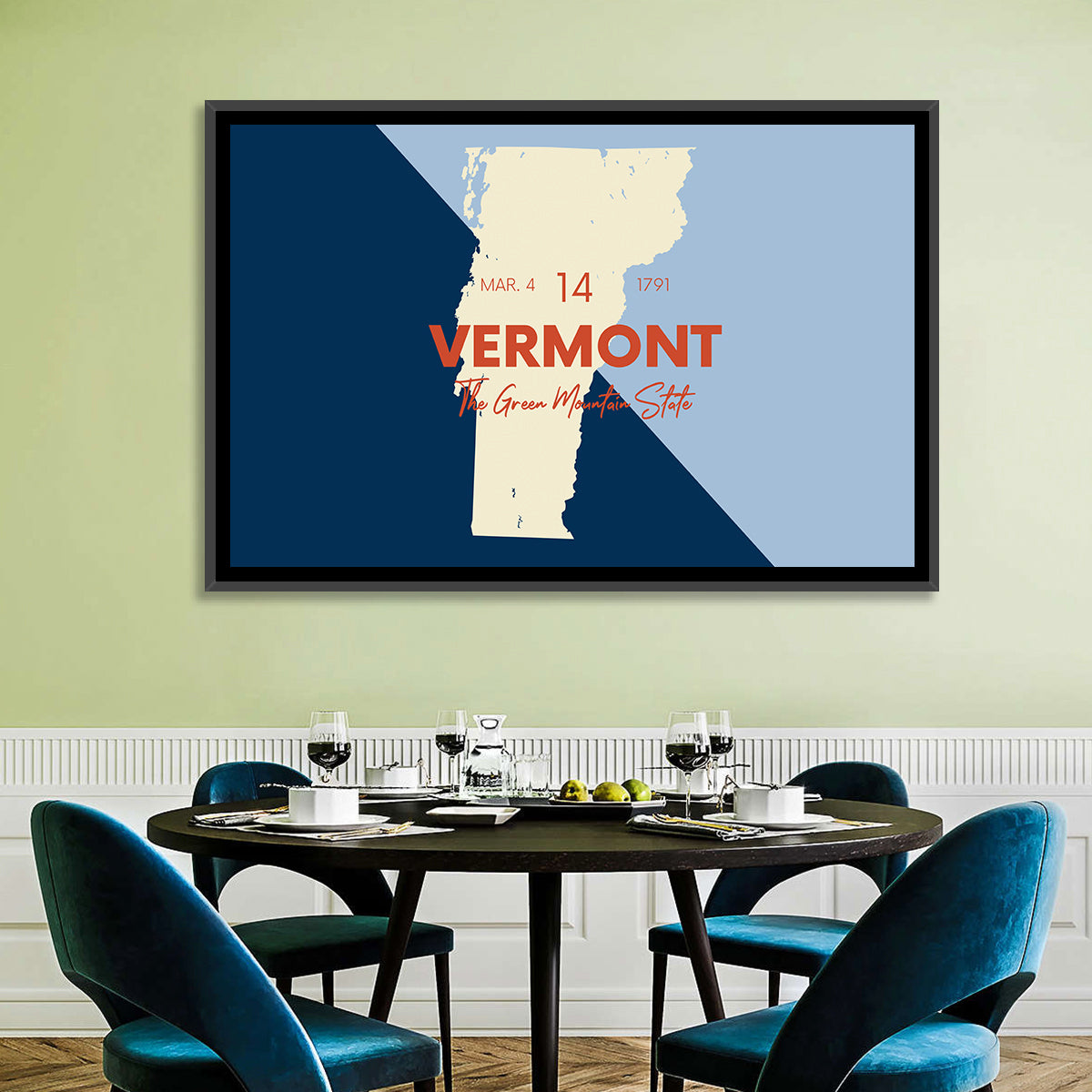 Vermont Map, Green Mountain State Wall Art in a room, landscape