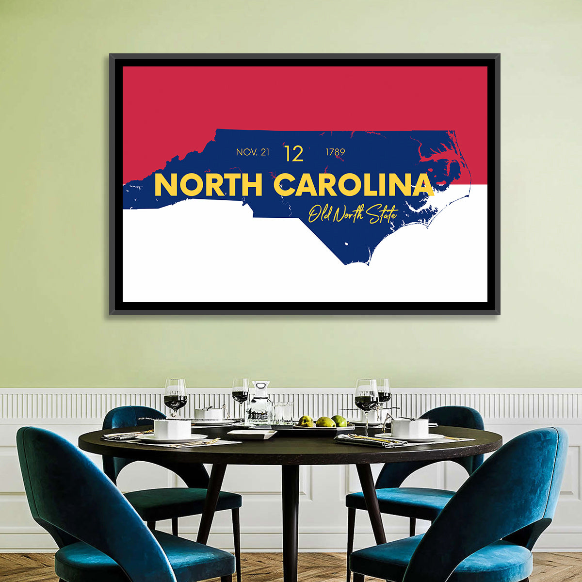 North Carolina Typographic Map Wall Art in a room, landscape
