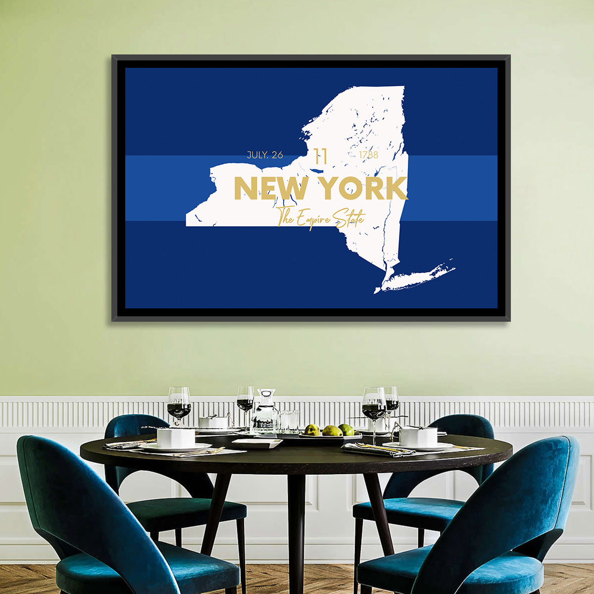 New York State Typographic Map Wall Art in a room, landscape