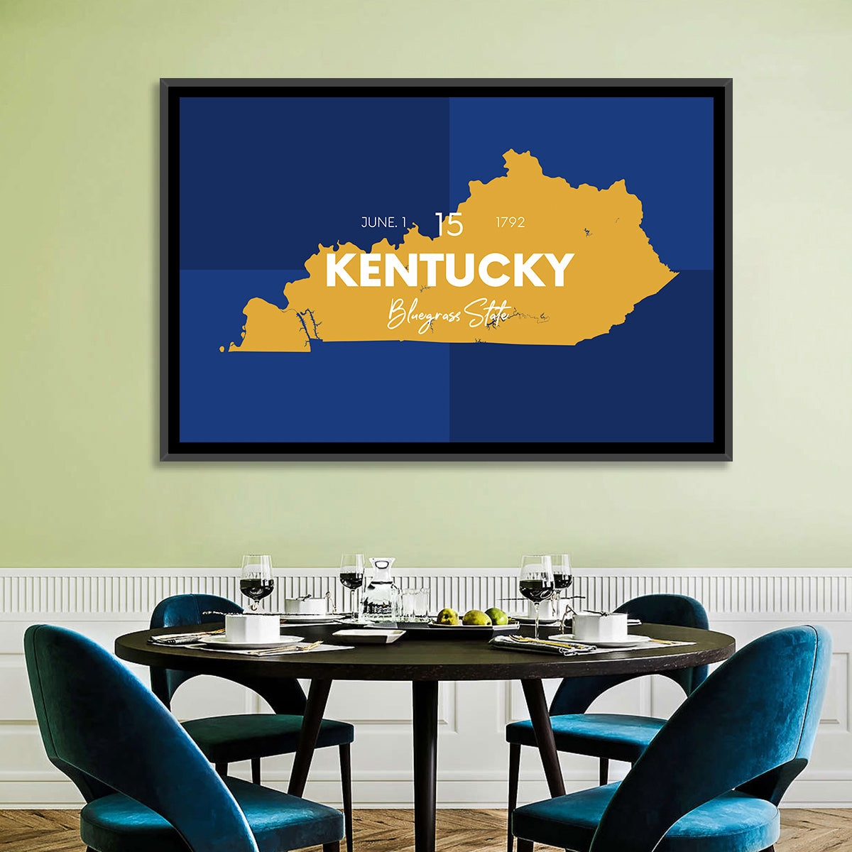Blue and Gold Kentucky Map Wall Art in a room, landscape