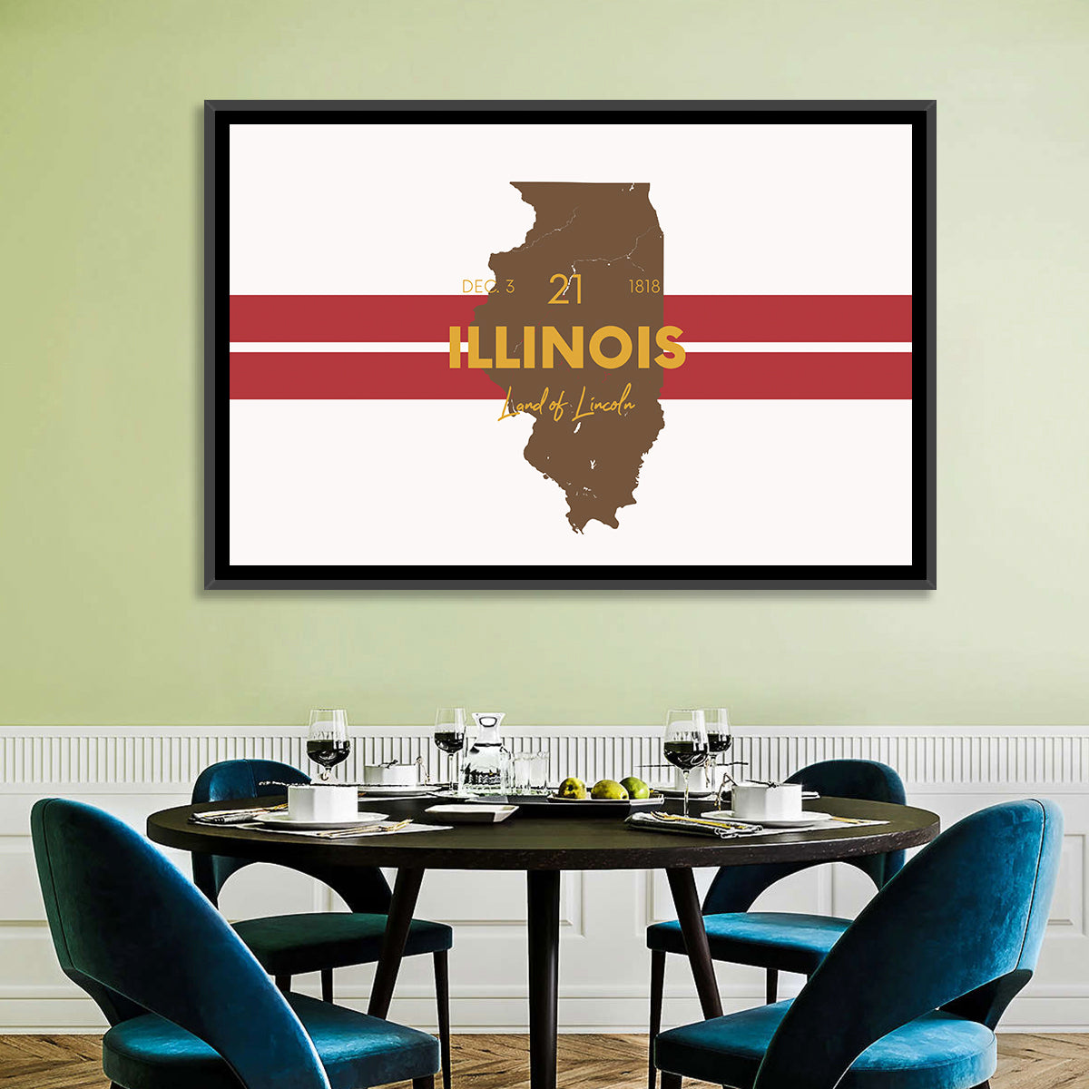Illinois Map Land of Lincoln Wall Art in a room, landscape
