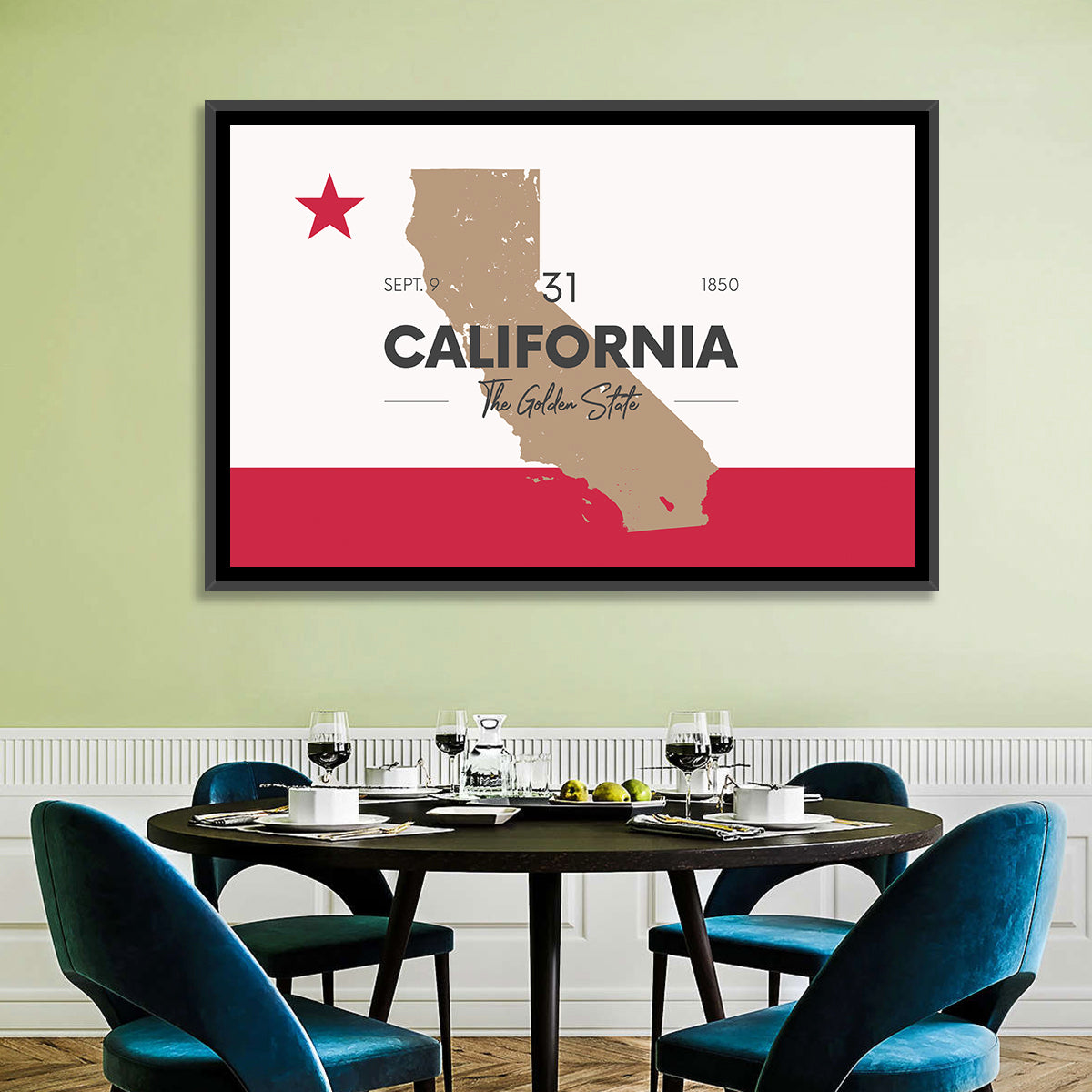 California Map with Red Star Wall Art in a room, landscape