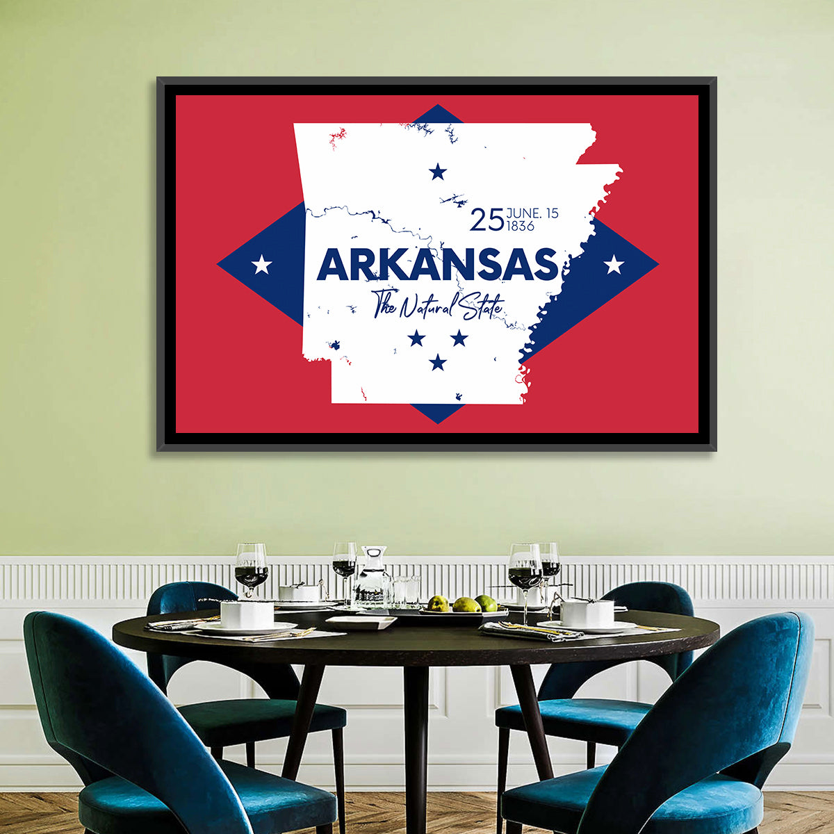 Patriotic Arkansas Map Wall Art in a room, landscape