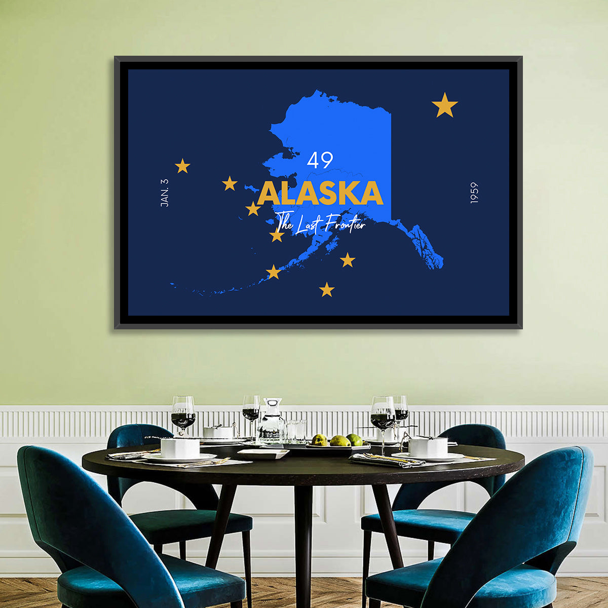 Alaska Map with Gold Stars Wall Art in a room, landscape