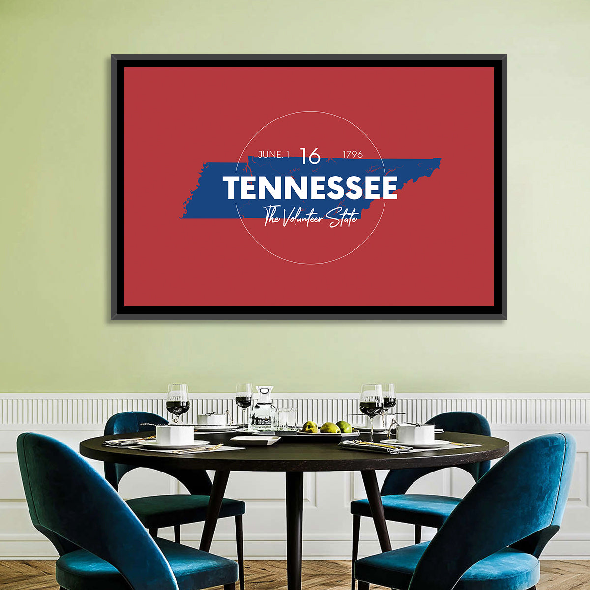 Tennessee Typographic Map Wall Art in a room, landscape