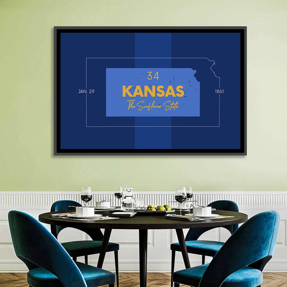 Kansas Typographic Map, Blue and Gold Wall Art in a room, landscape