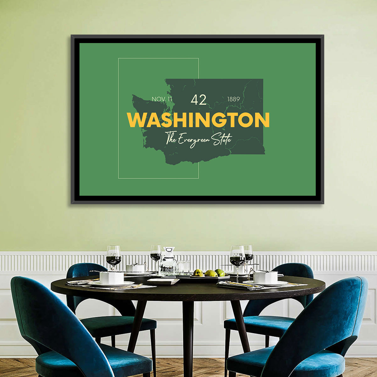 Minimalist Washington State Map Wall Art in a room, landscape