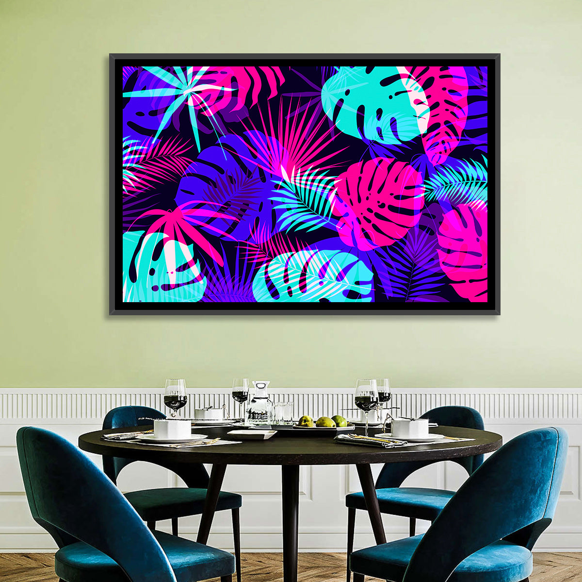 Neon Tropical Leaves Wall Art in a room, landscape