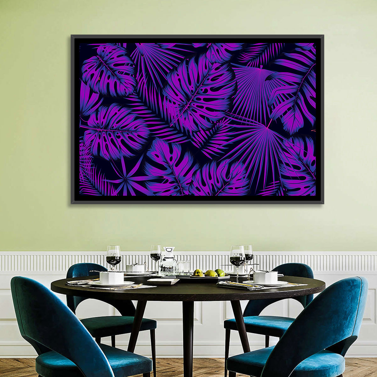Violet Tropical Leaves Wall Art in a room, landscape