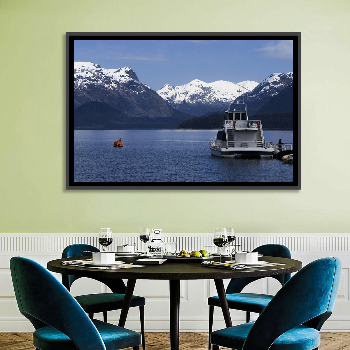 Lake Nahuel Huapi Catamaran and Snow-capped Mountains Wall Art in a room, landscape