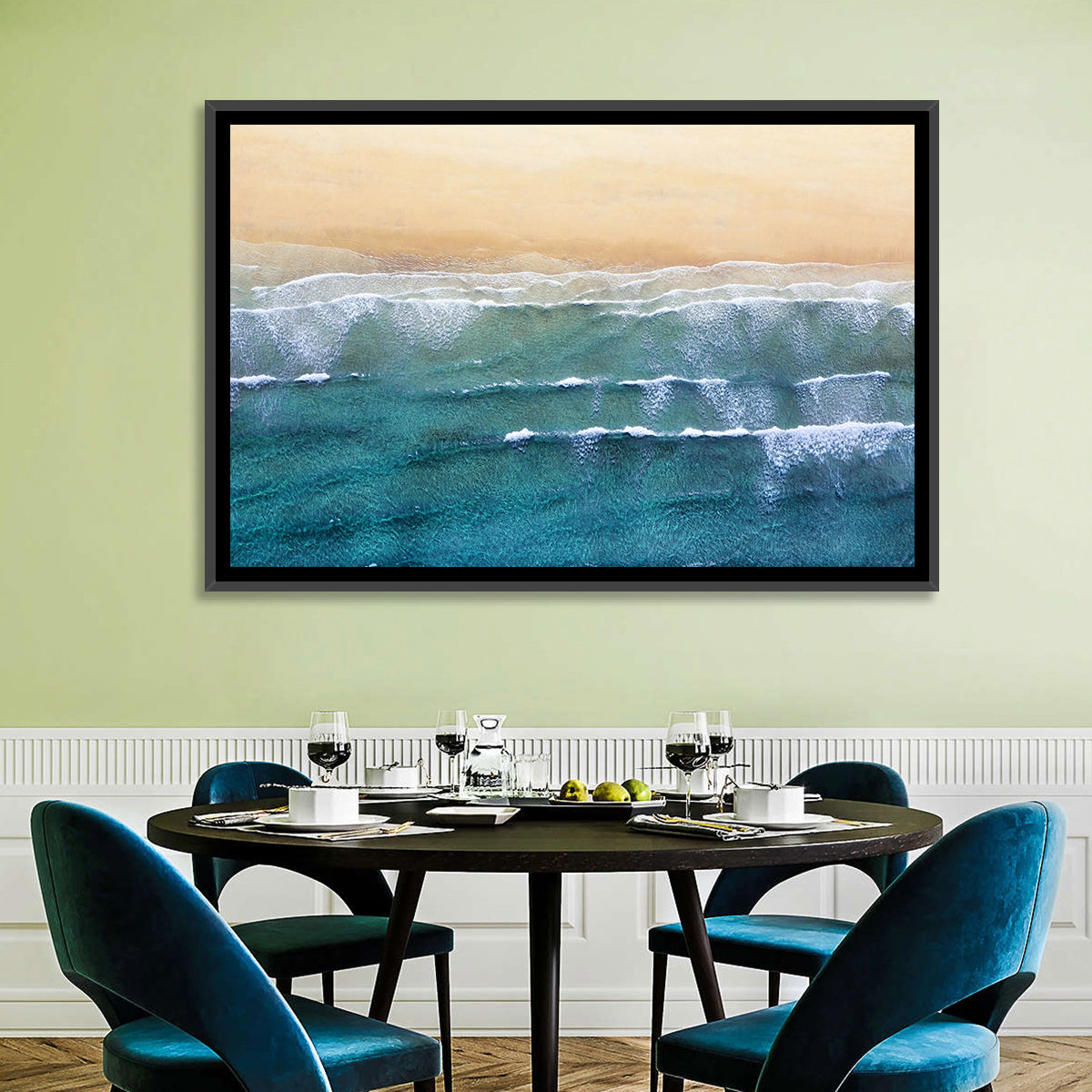Calm Turquoise Beachscape Wall Art in a room, landscape