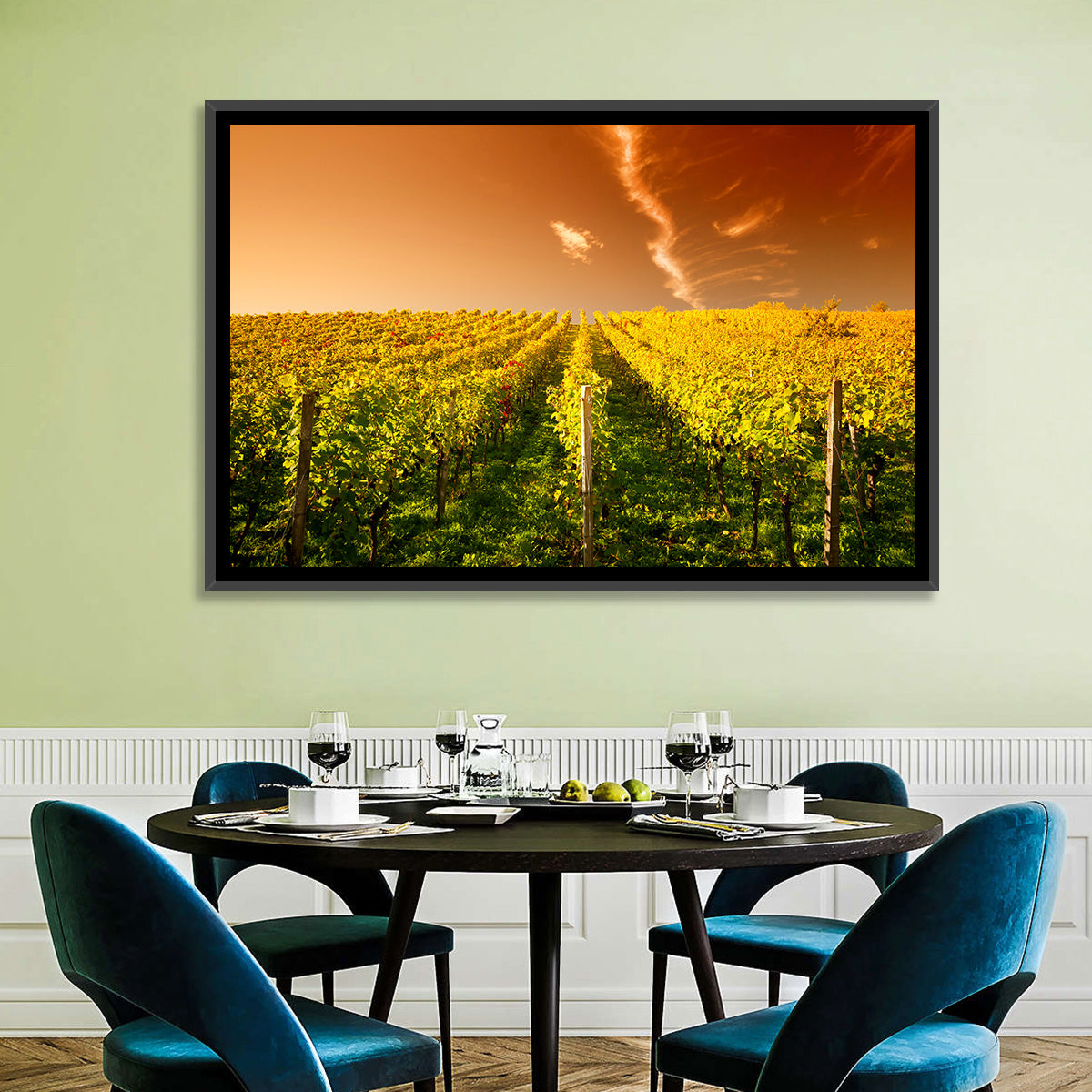 Golden Vineyard Sunset Wall Art in a room, landscape