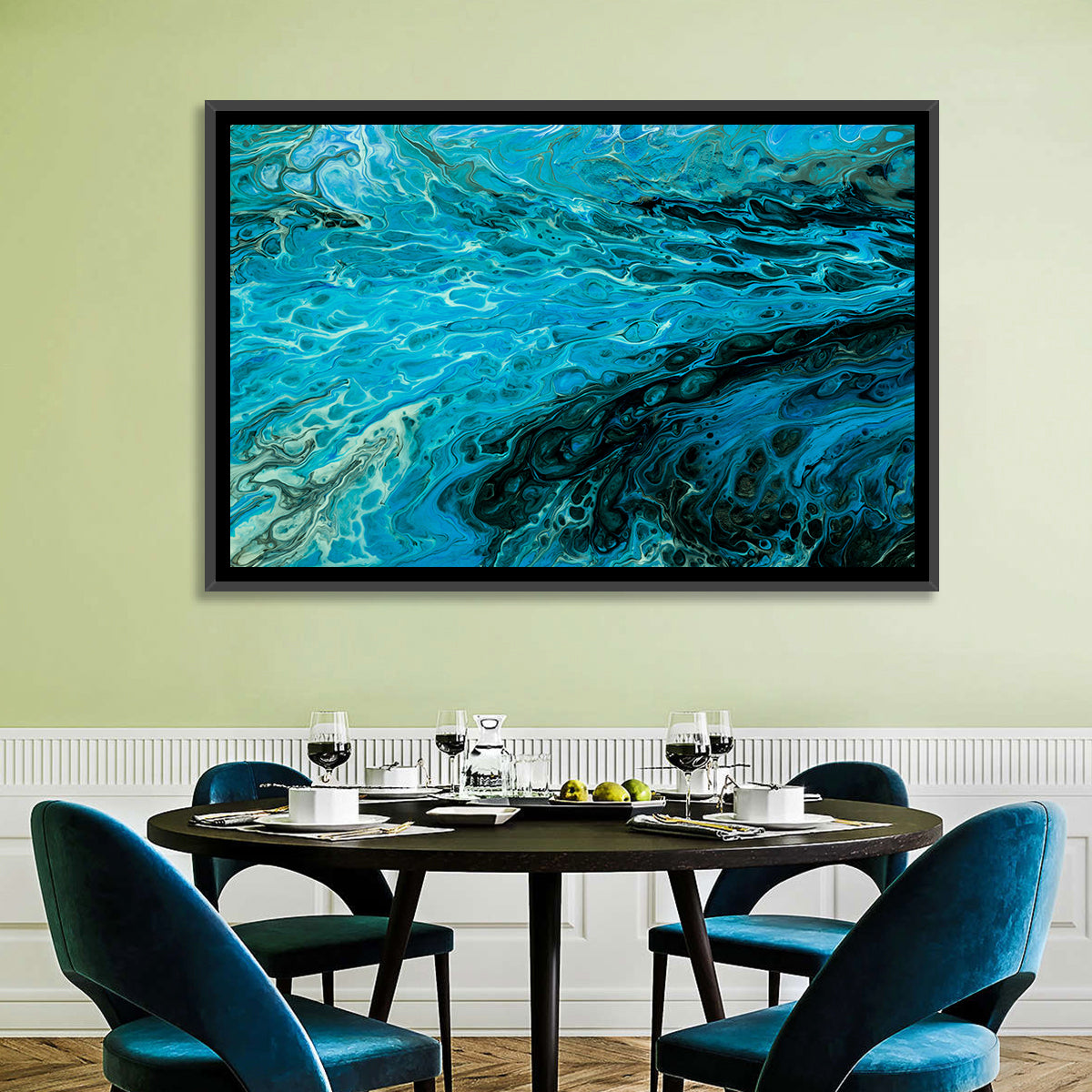 Liquid Marble Blue Abstract Wall Art in a room, landscape