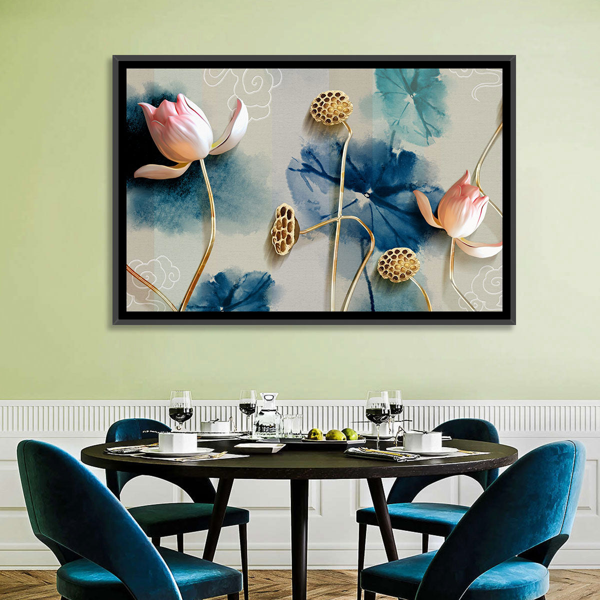 Blue Lotus Botanical Backdrop Wall Art in a room, landscape