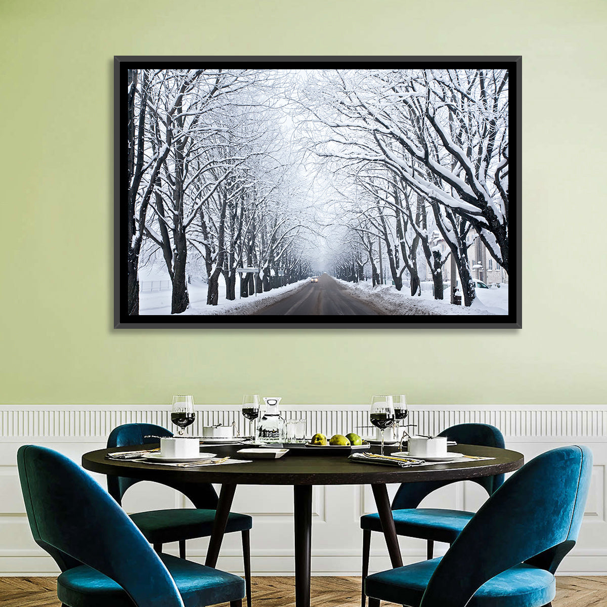 Snowy Road with Distant Headlights Wall Art