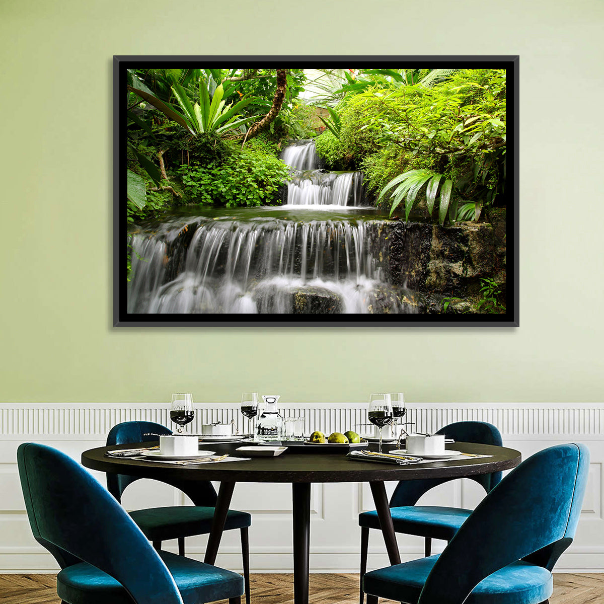 Lush Rainforest Cascade Wall Art in a room, landscape