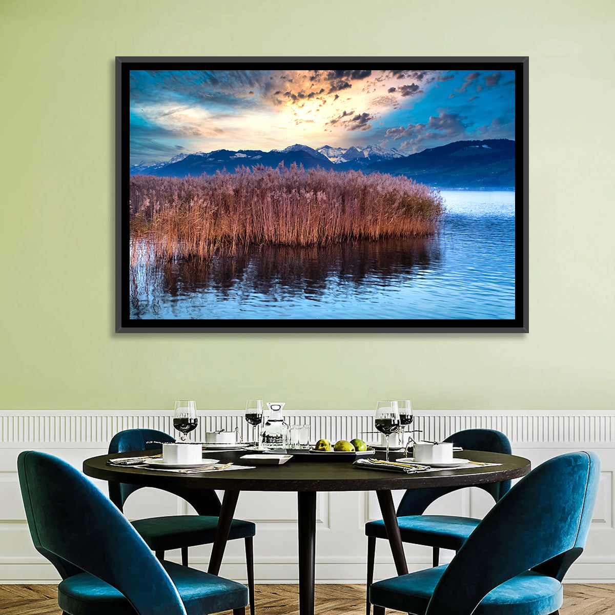 Lake Obersee Reeds at Dusk Wall Art in a room, landscape