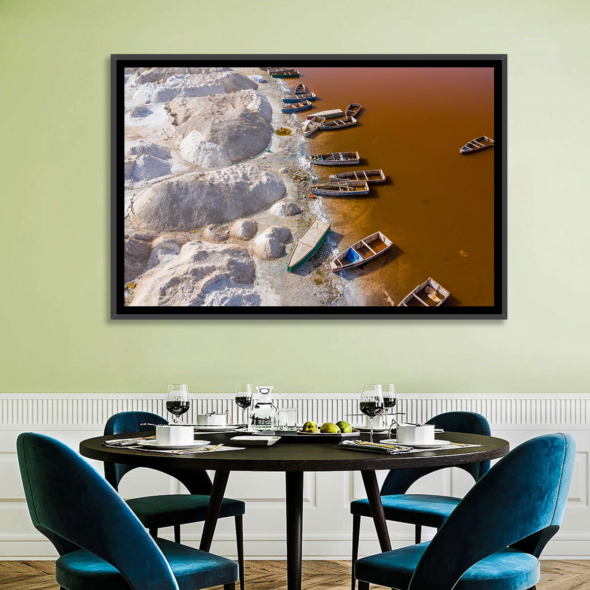 Lac Rose Boats and Salt Mounds Wall Art in a room, landscape