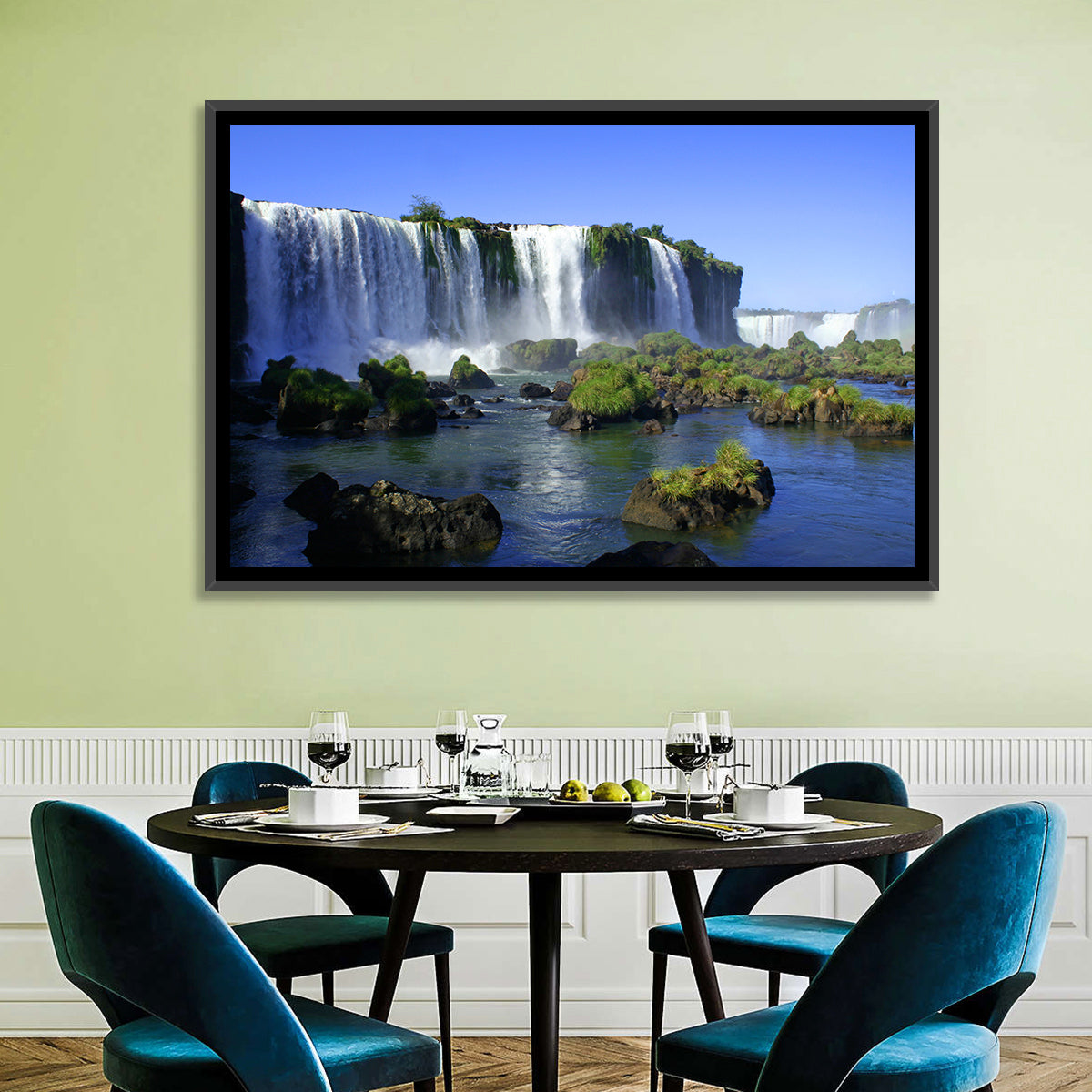 Iguazu Falls Mossy Rocks Wall Art in a room, landscape