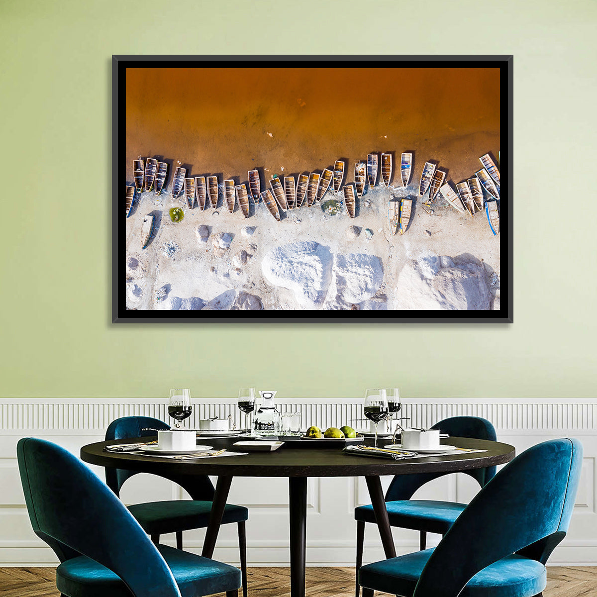 Lac Rose Boats Aerial View Wall Art in a room, landscape