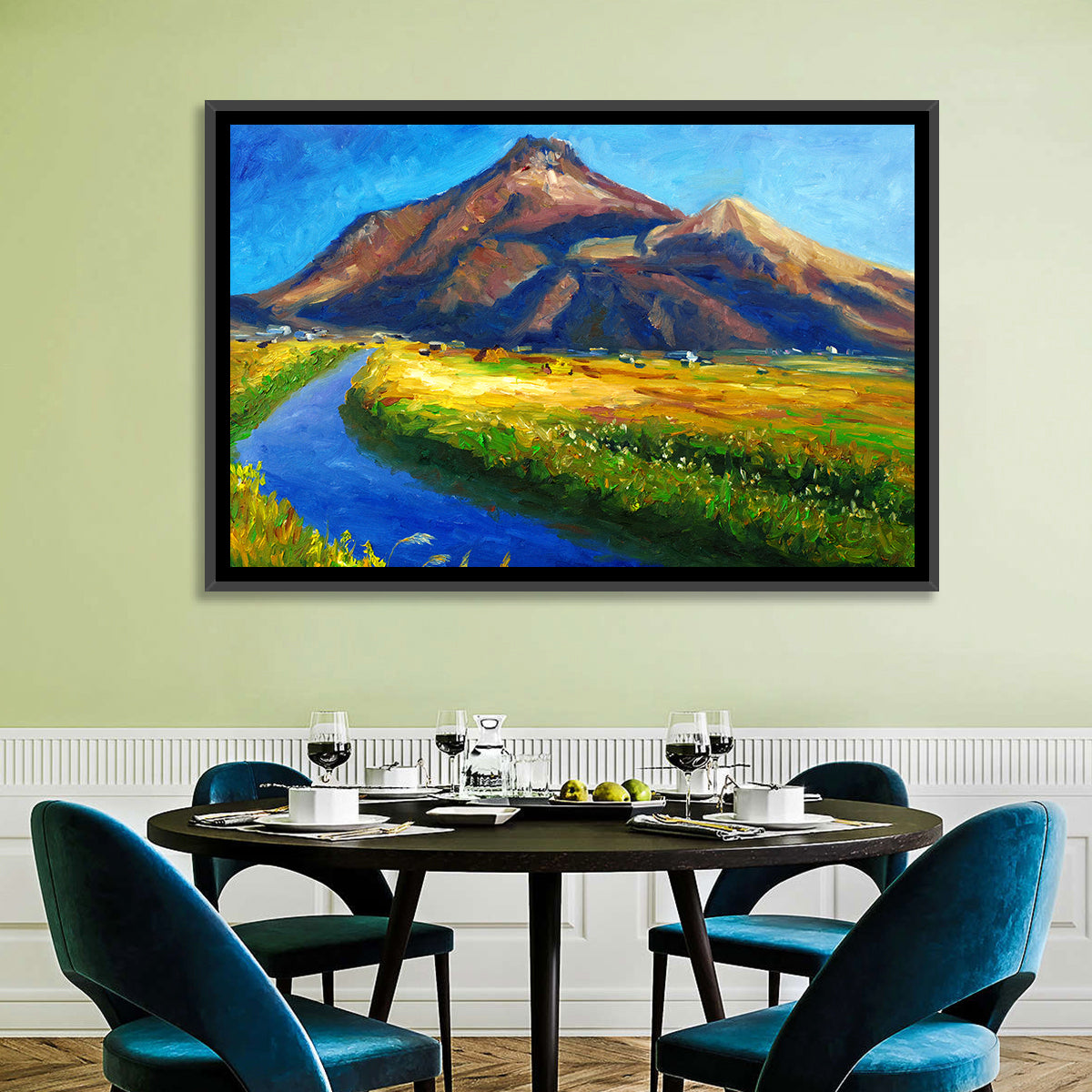 Mountain Village Stream at Golden Hour Wall Art in a room, landscape