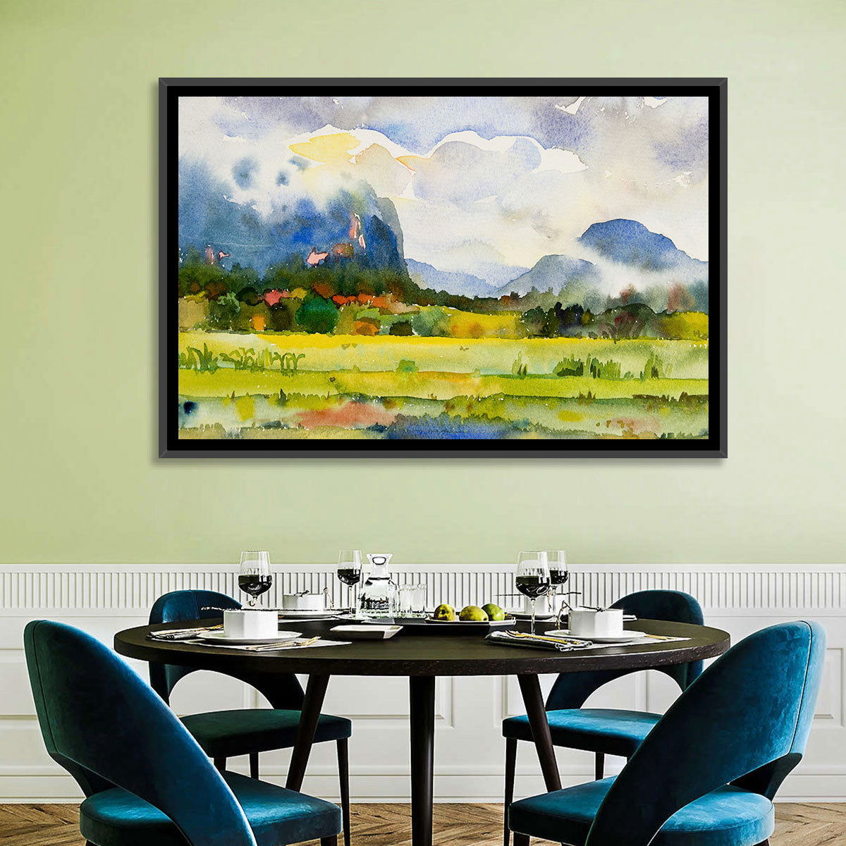 Summer Meadow Watercolor Landscape Wall Art in a room, landscape