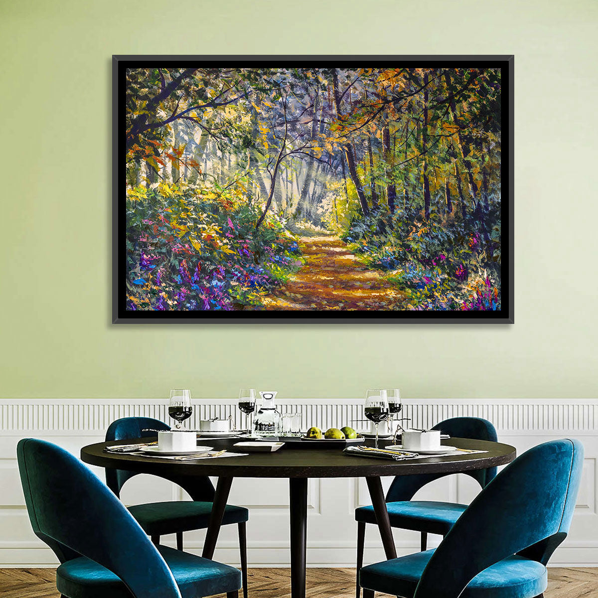 Sunlit Forest Path with Wildflowers Wall Art in a room, landscape