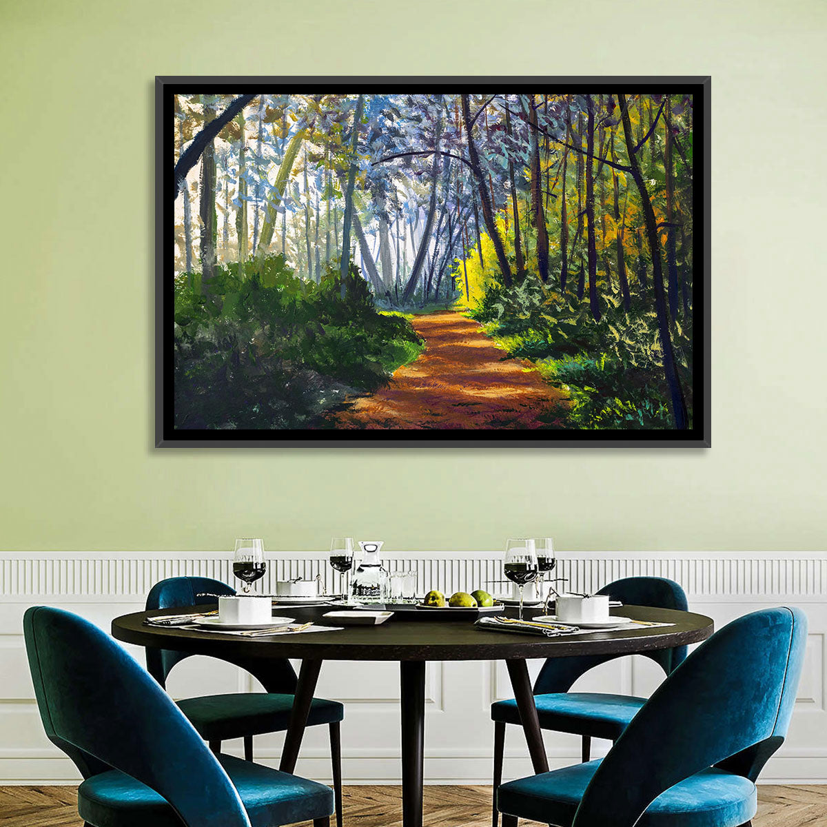 Sunlit Forest Alley Path Wall Art in a room, landscape