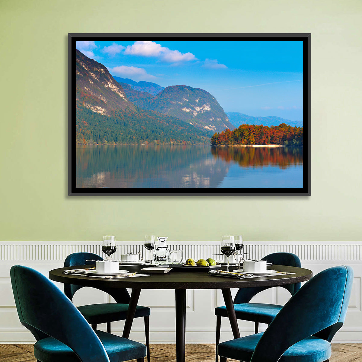 Lake Bohinj Autumn Reflection Wall Art in a room, landscape