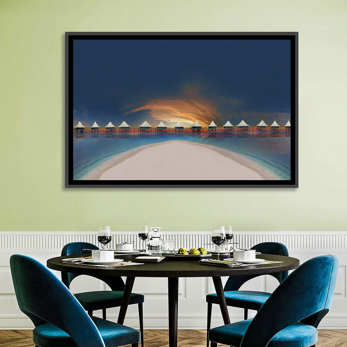 Overwater Bungalows at Golden Dusk Wall Art in a room, landscape