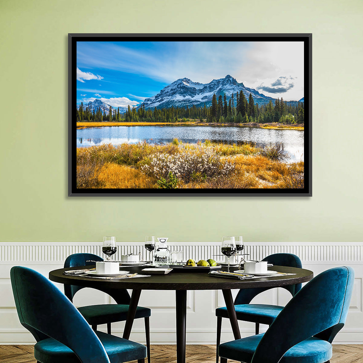 Rocky Mountain Lake Wall Art in a room, landscape