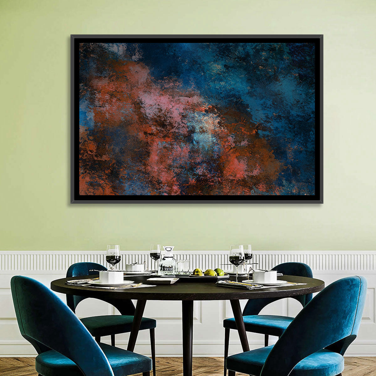 Blue to Rust Color Field Wall Art in a room, landscape