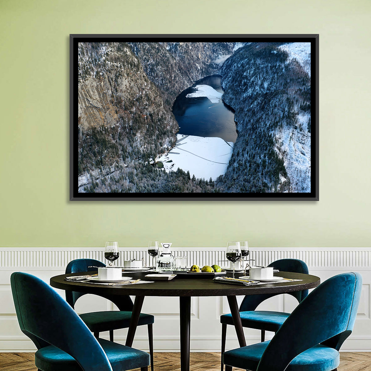 Toplitz Lake Winter Aerial Wall Art in a room, landscape