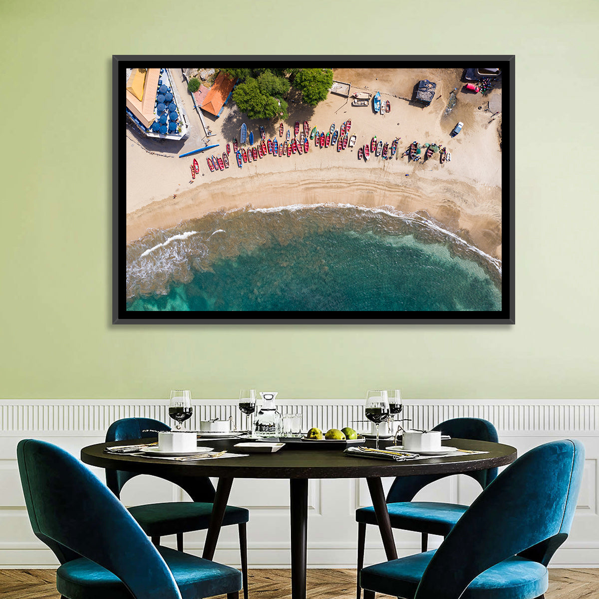 Aerial Tarrafal Beach Fishing Boats Wall Art in a room, landscape